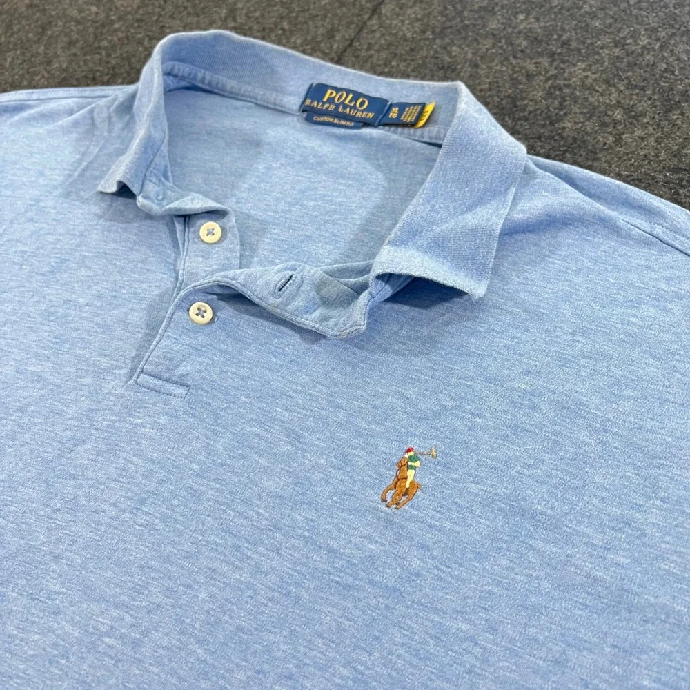 Polo Ralph Lauren Polo Shirt Mens XL Blue Custom Slim Fit Multi Color Pony Logo